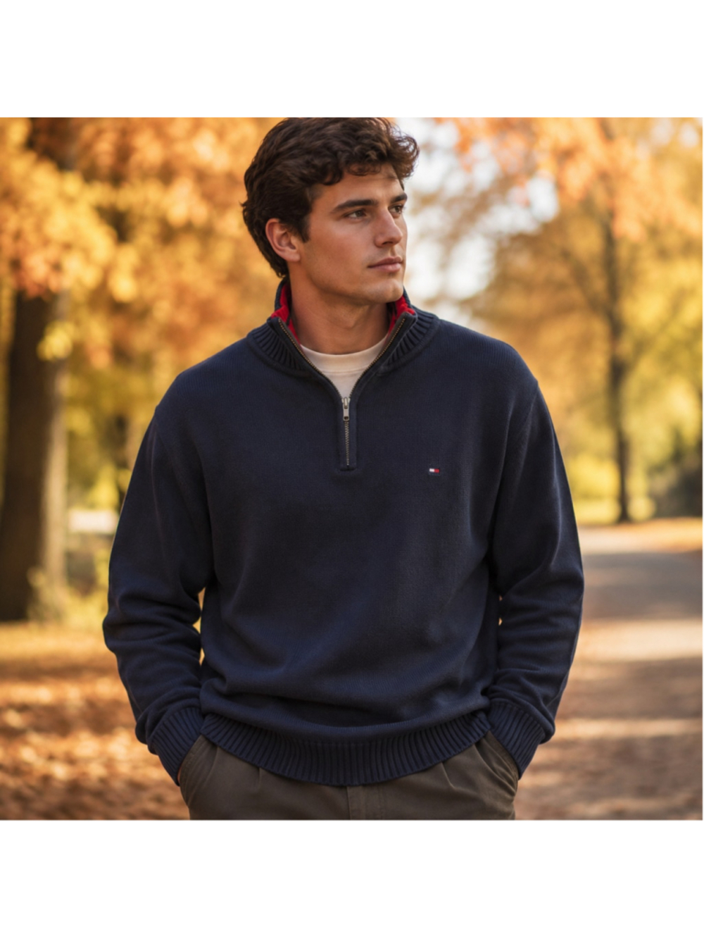 Men's Tommy Hilfiger Quarter-Zip Sweater XL Navy Red